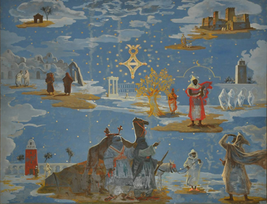 Peinture murale de Jacques Fillacier « Visions d’escale : Afrique Blanche ».